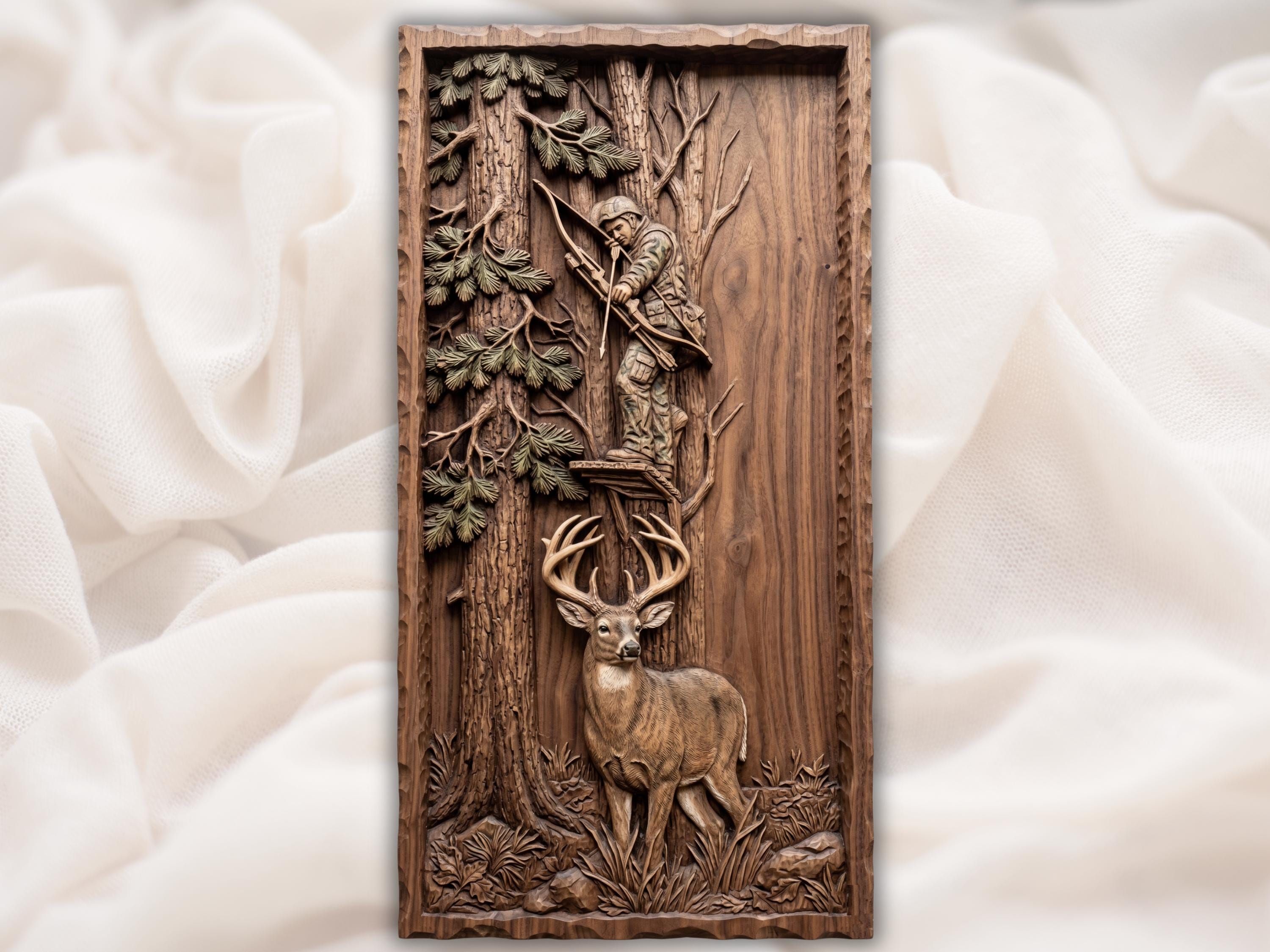 Carved wood relief of a bowhunter in a tree stand aiming above a whitetail buck among pine trees
