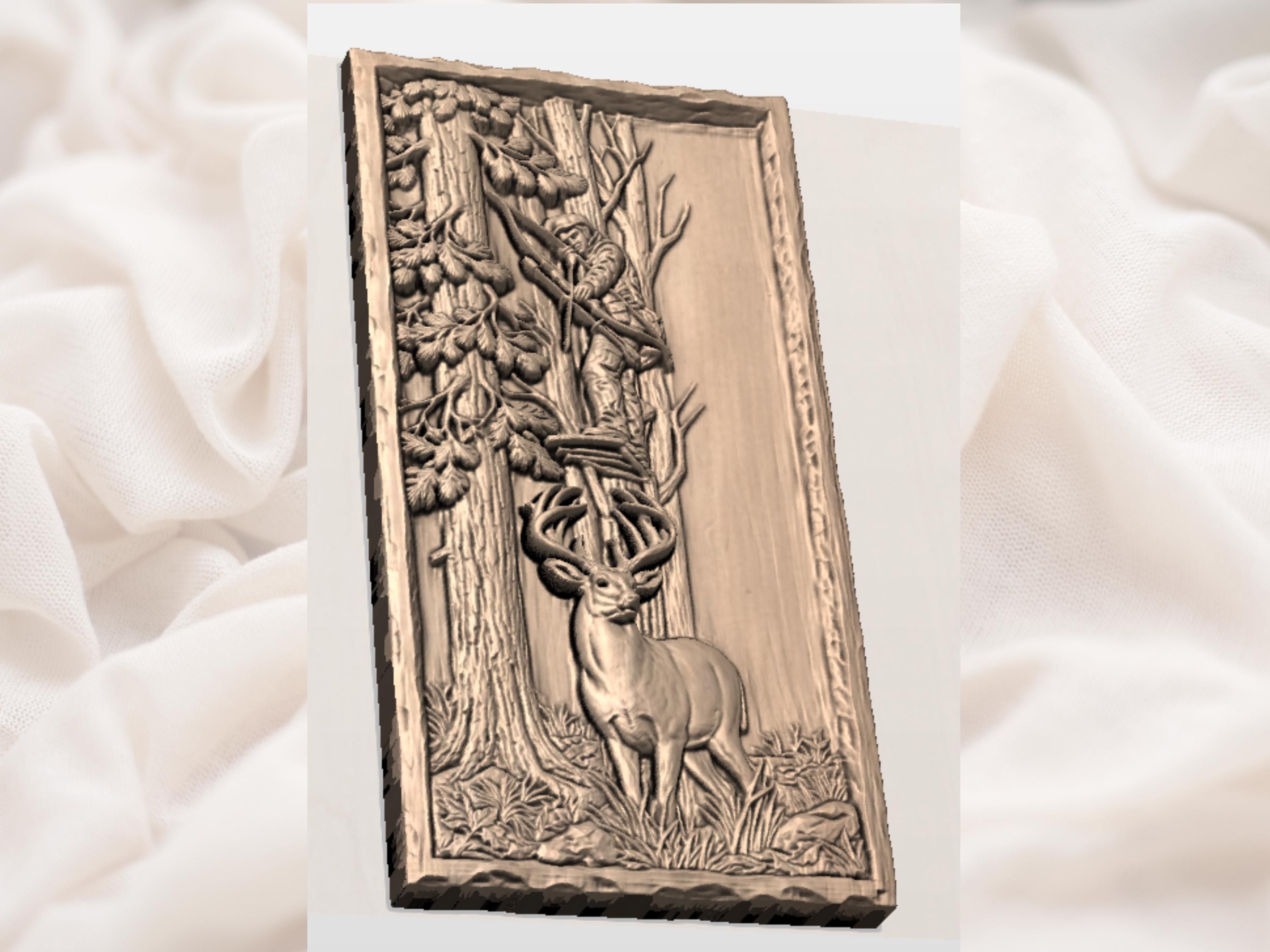 Bowhunter in Tree Stand Over Whitetail Buck Relief STL bas-relief STL — view 2