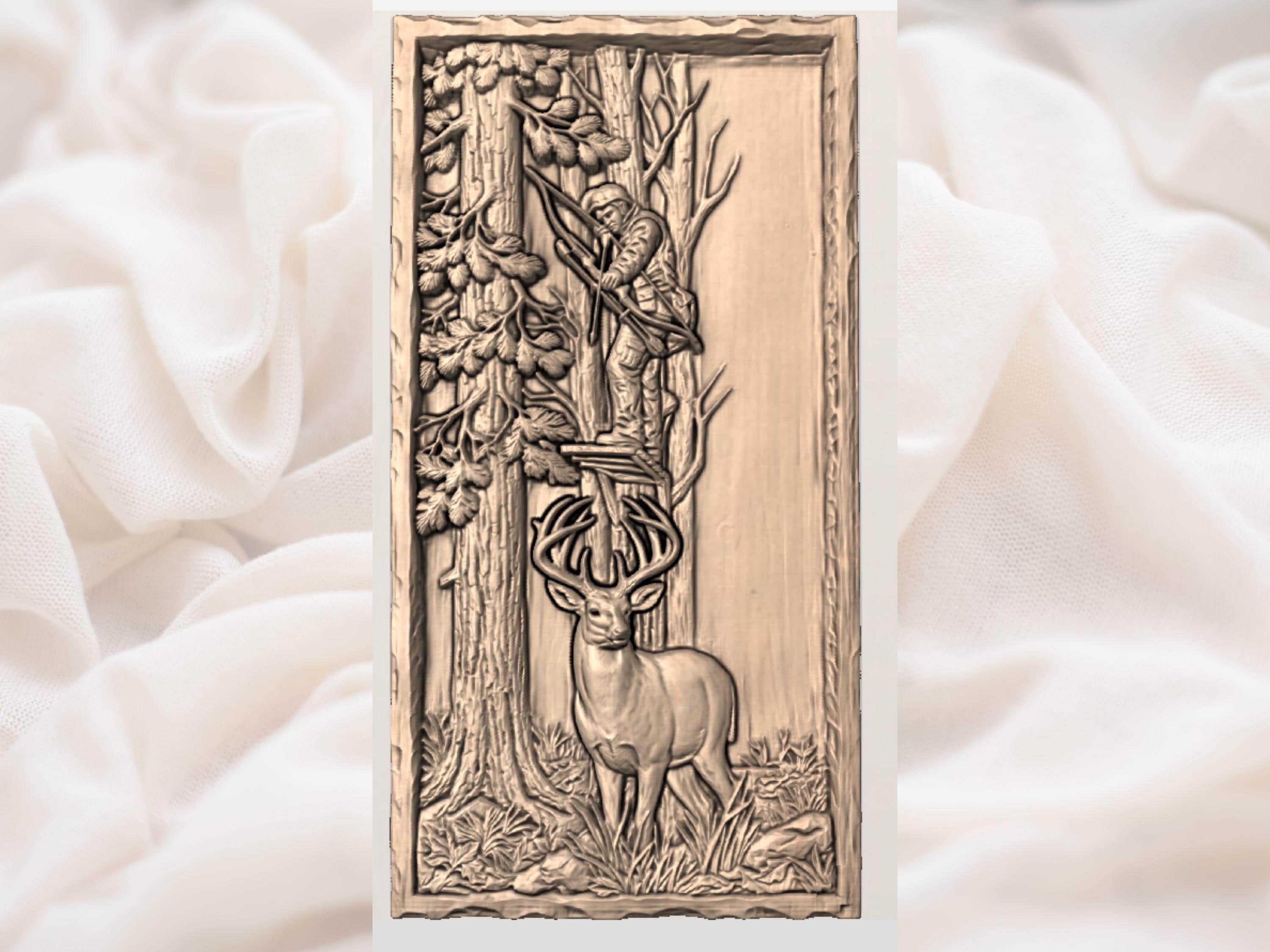 Bowhunter in Tree Stand Over Whitetail Buck Relief STL bas-relief STL — view 3