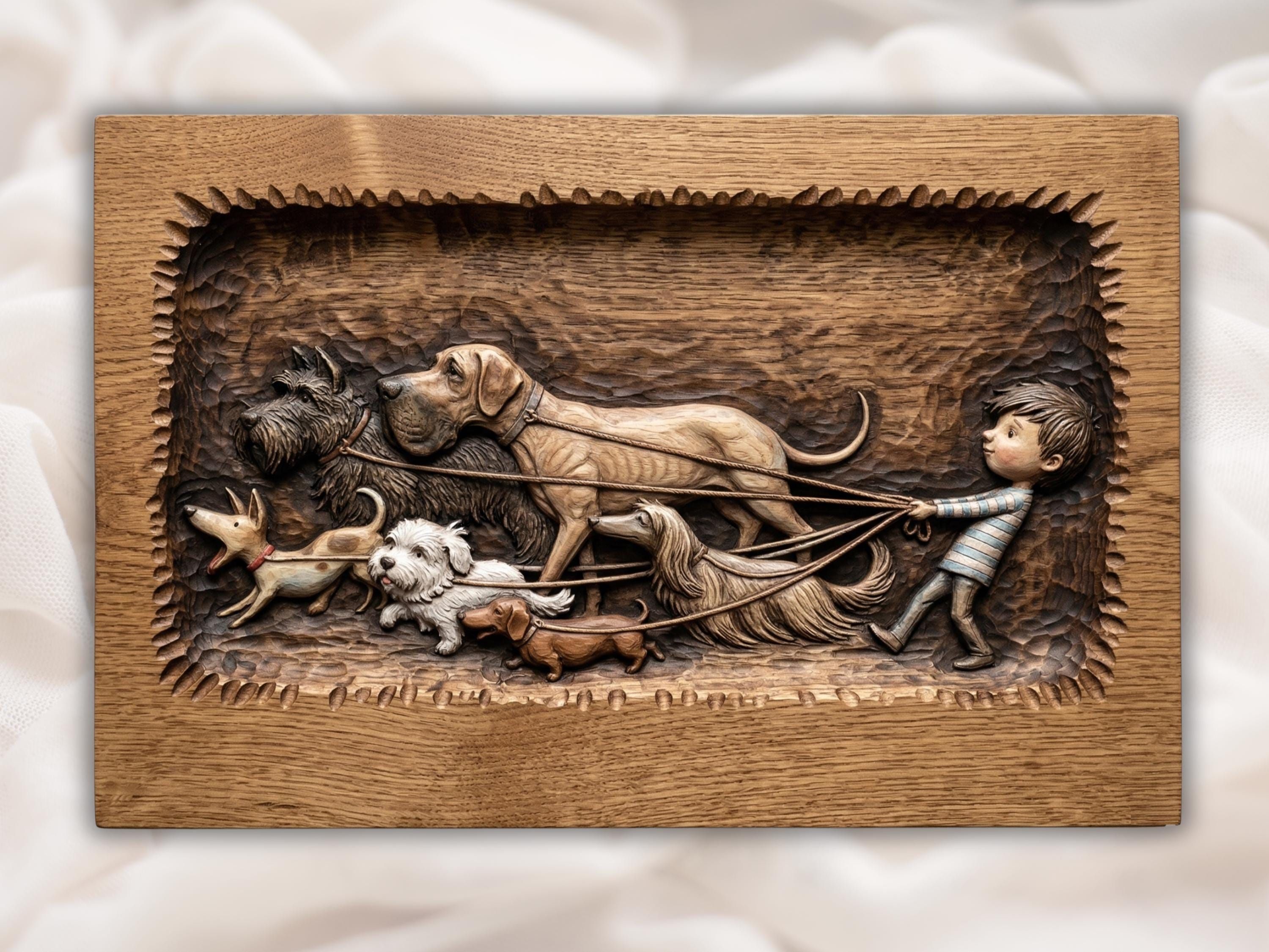 Wood-carved bas-relief of three dogs, a hound, an Afghan, and a dachshund, tangled in crossing leashes.