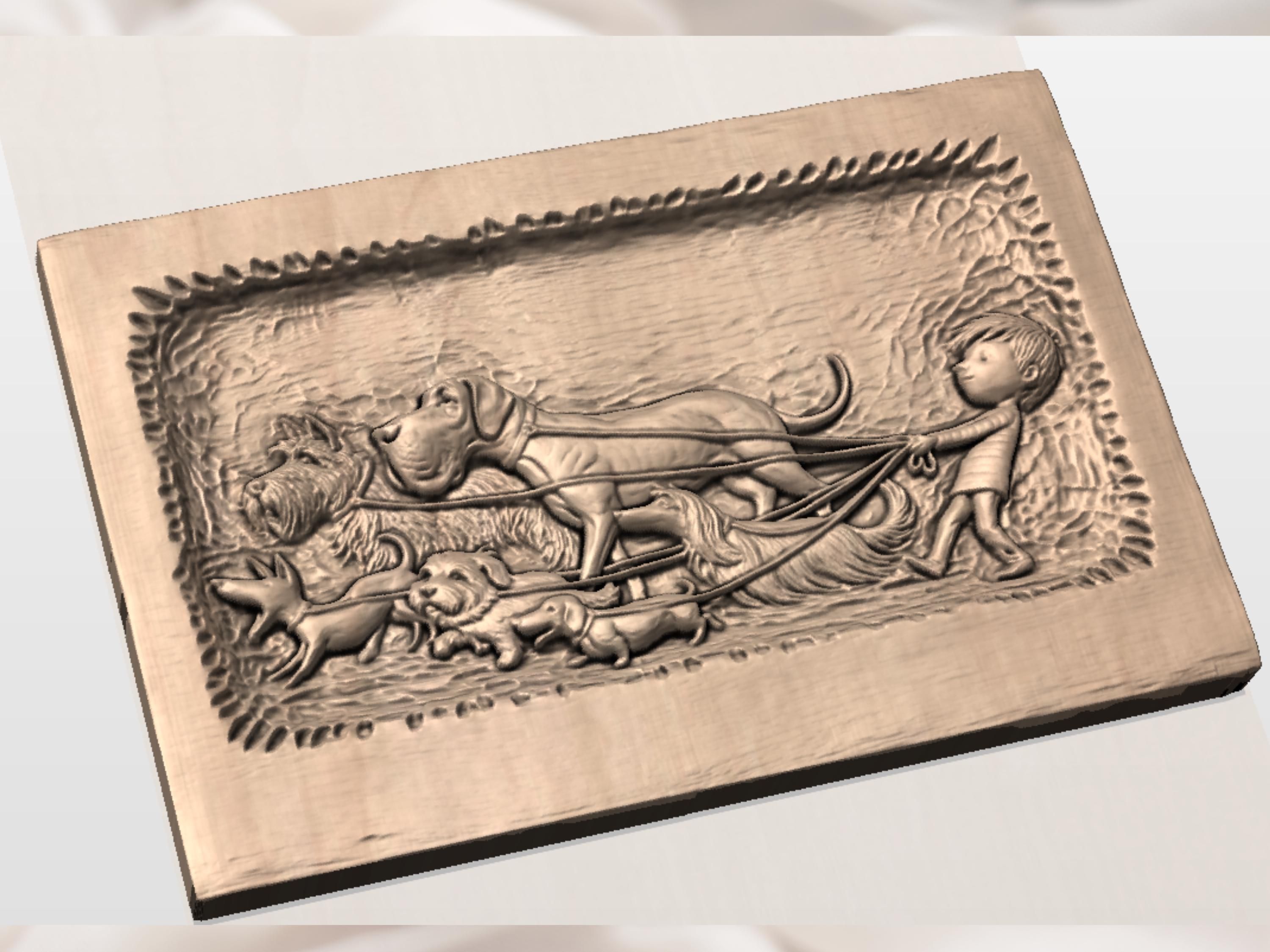 Three Dogs Tangled in Their Leashes Bas-Relief STL bas-relief STL — view 2