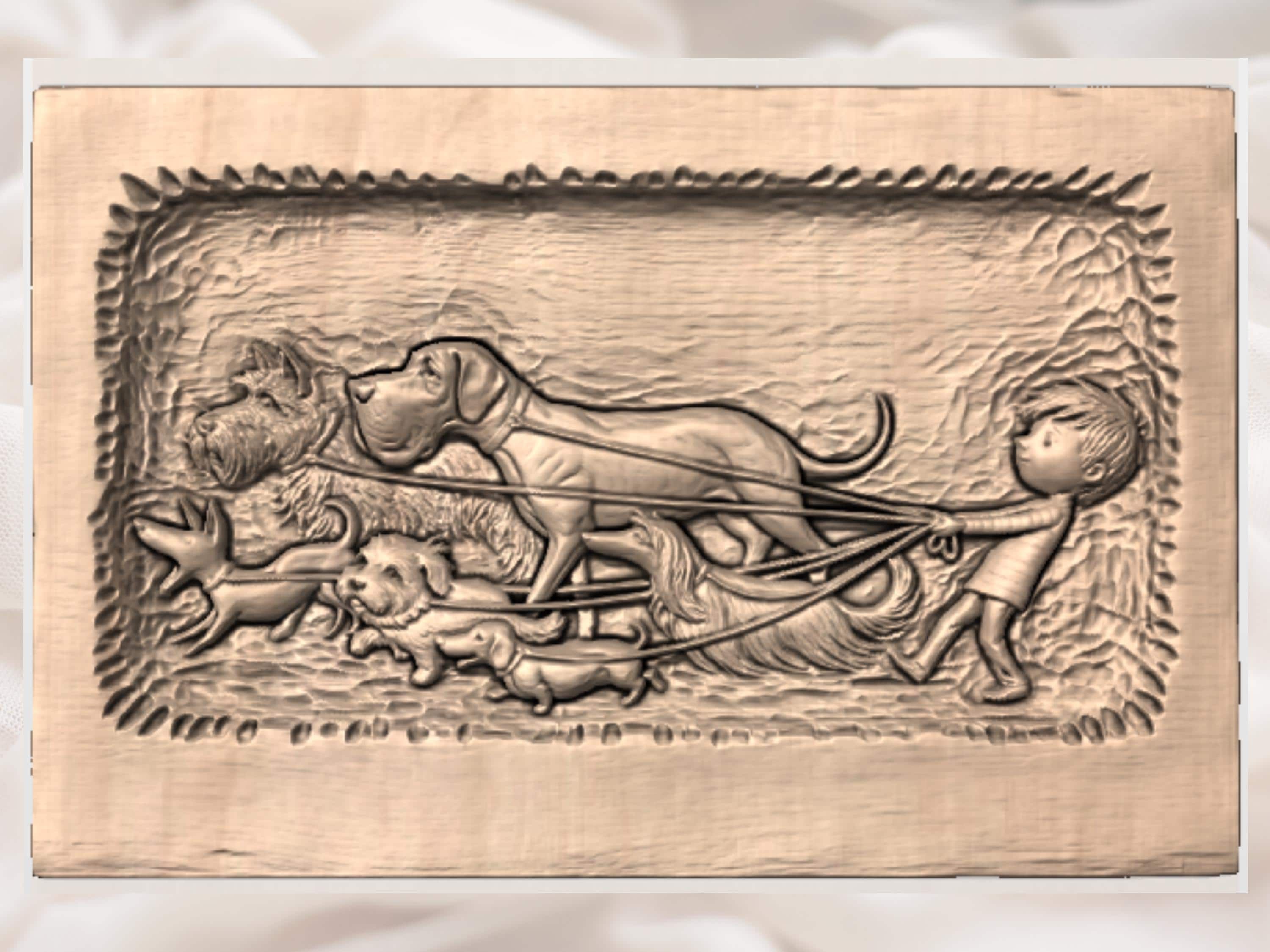 Three Dogs Tangled in Their Leashes Bas-Relief STL bas-relief STL — view 3