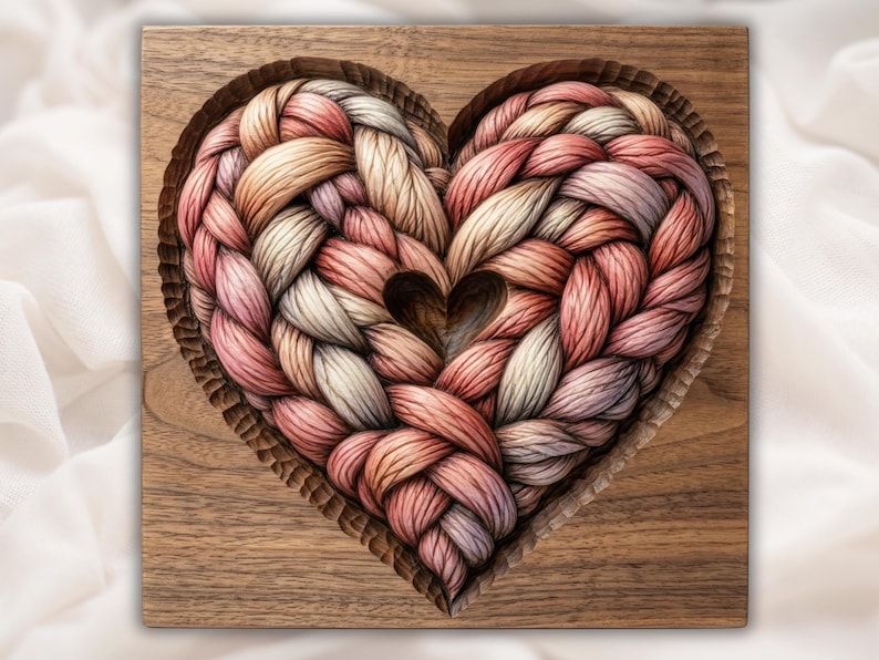 Bas-relief carving of a heart made from two braided strands of yarn with a small heart at the center, in wood