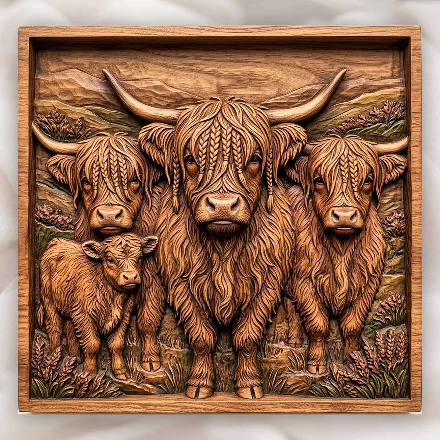 Braided Highland Cow Family CNC Relief STL bas-relief STL design