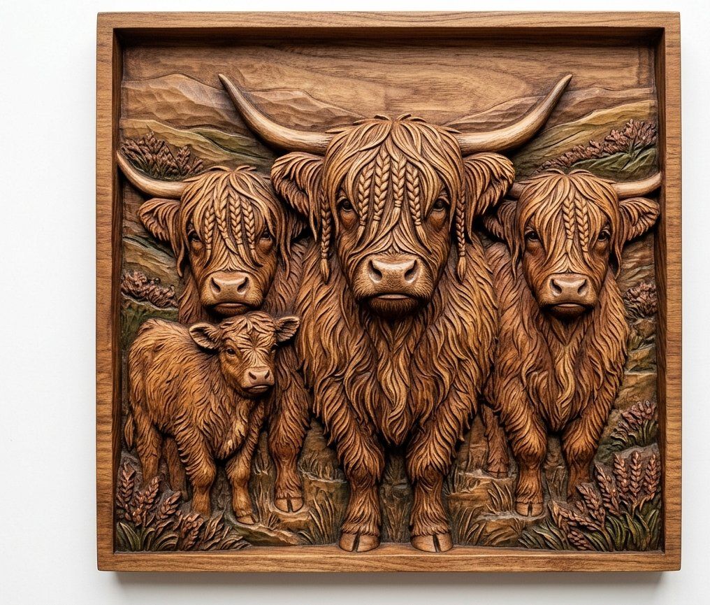 Braided Highland Cow Family CNC Relief STL bas-relief STL — view 12