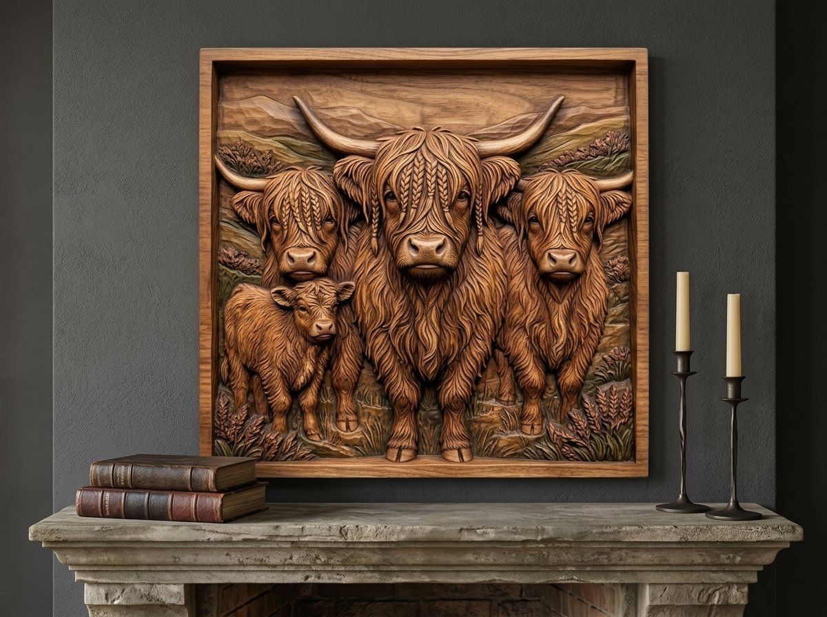 Braided Highland Cow Family CNC Relief STL bas-relief STL — view 13