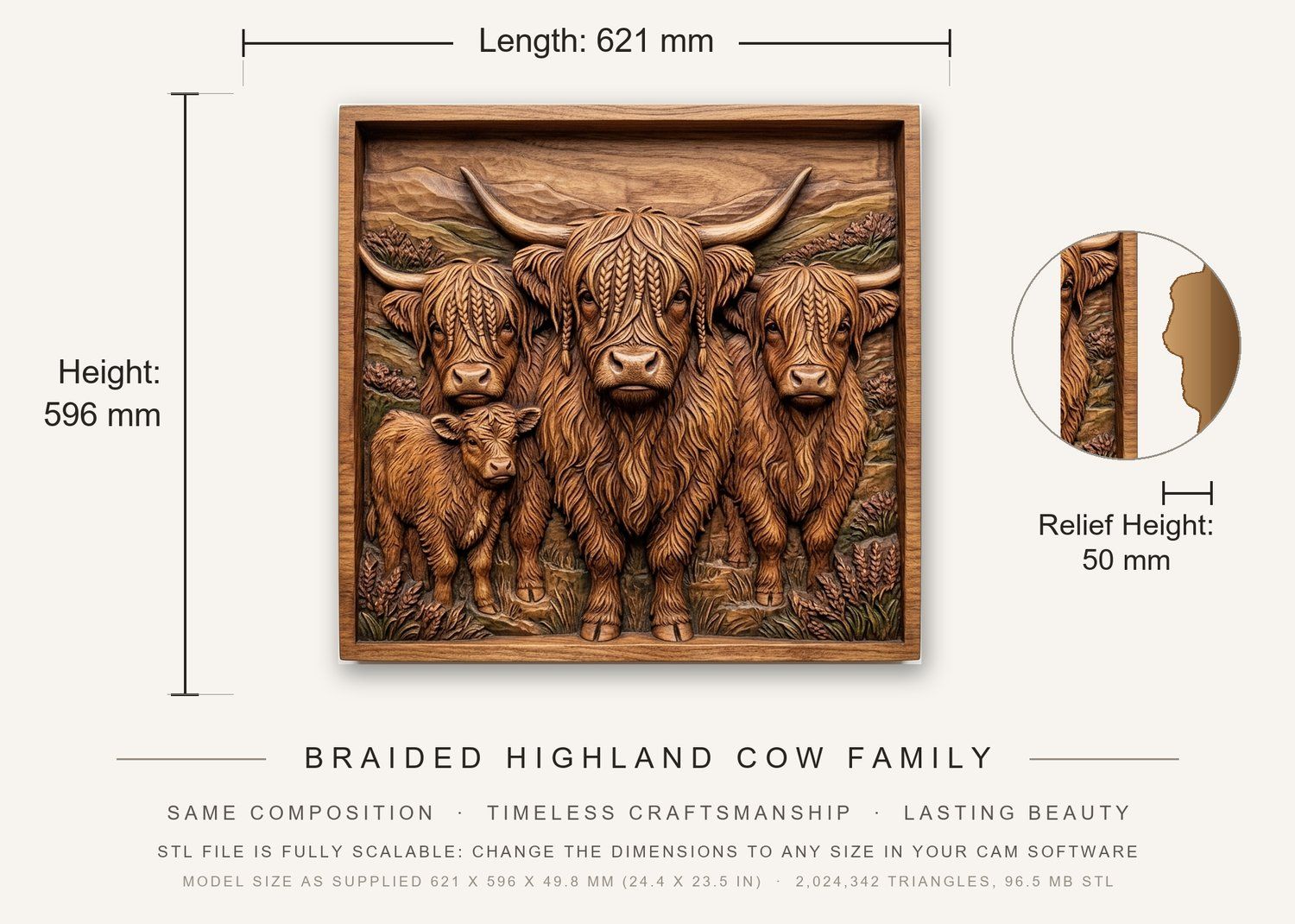 Braided Highland Cow Family CNC Relief STL bas-relief STL — view 3