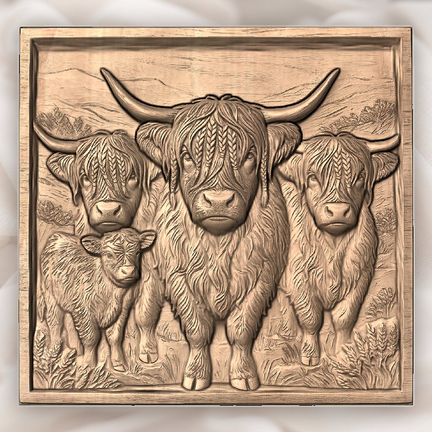 Braided Highland Cow Family CNC Relief STL bas-relief STL — view 4