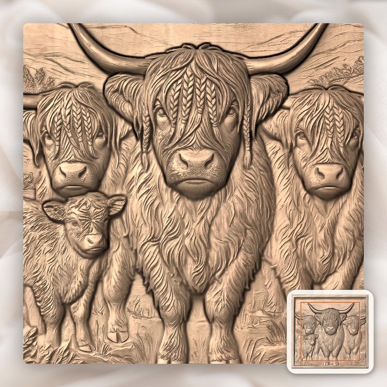 Braided Highland Cow Family CNC Relief STL bas-relief STL — view 6