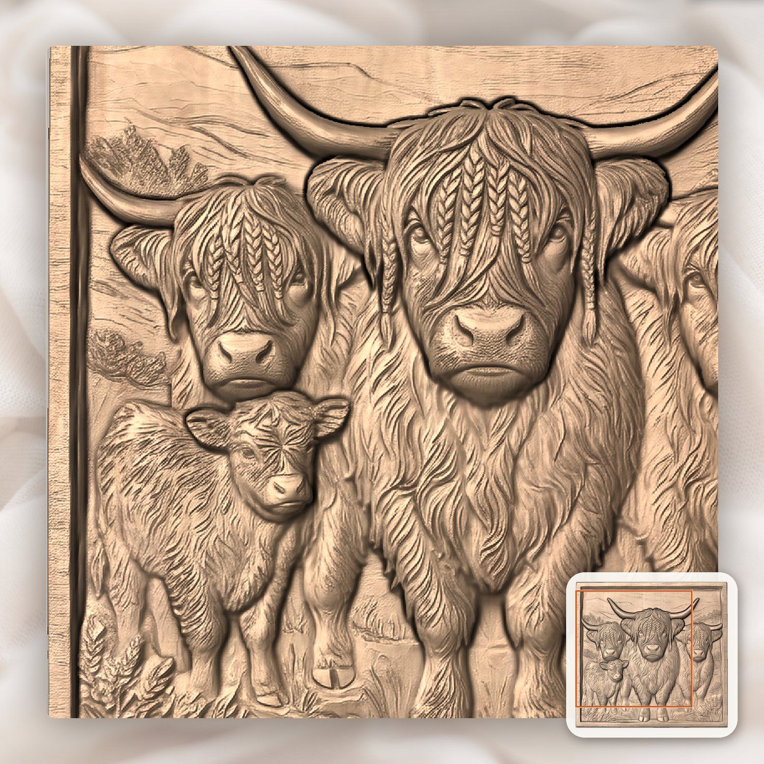 Braided Highland Cow Family CNC Relief STL bas-relief STL — view 7