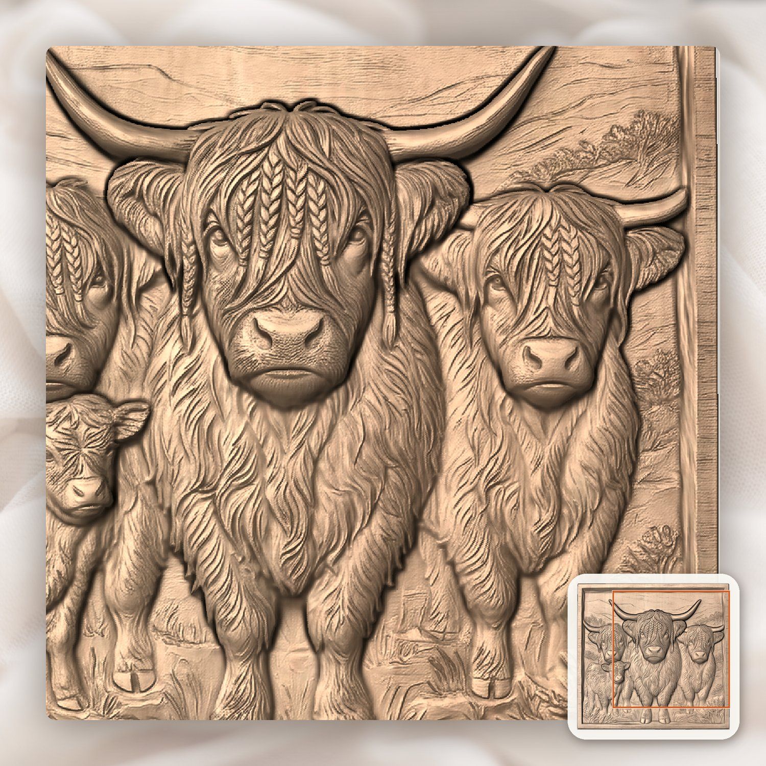 Braided Highland Cow Family CNC Relief STL bas-relief STL — view 8