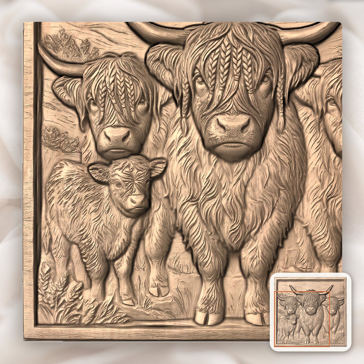 Braided Highland Cow Family CNC Relief STL bas-relief STL — view 9
