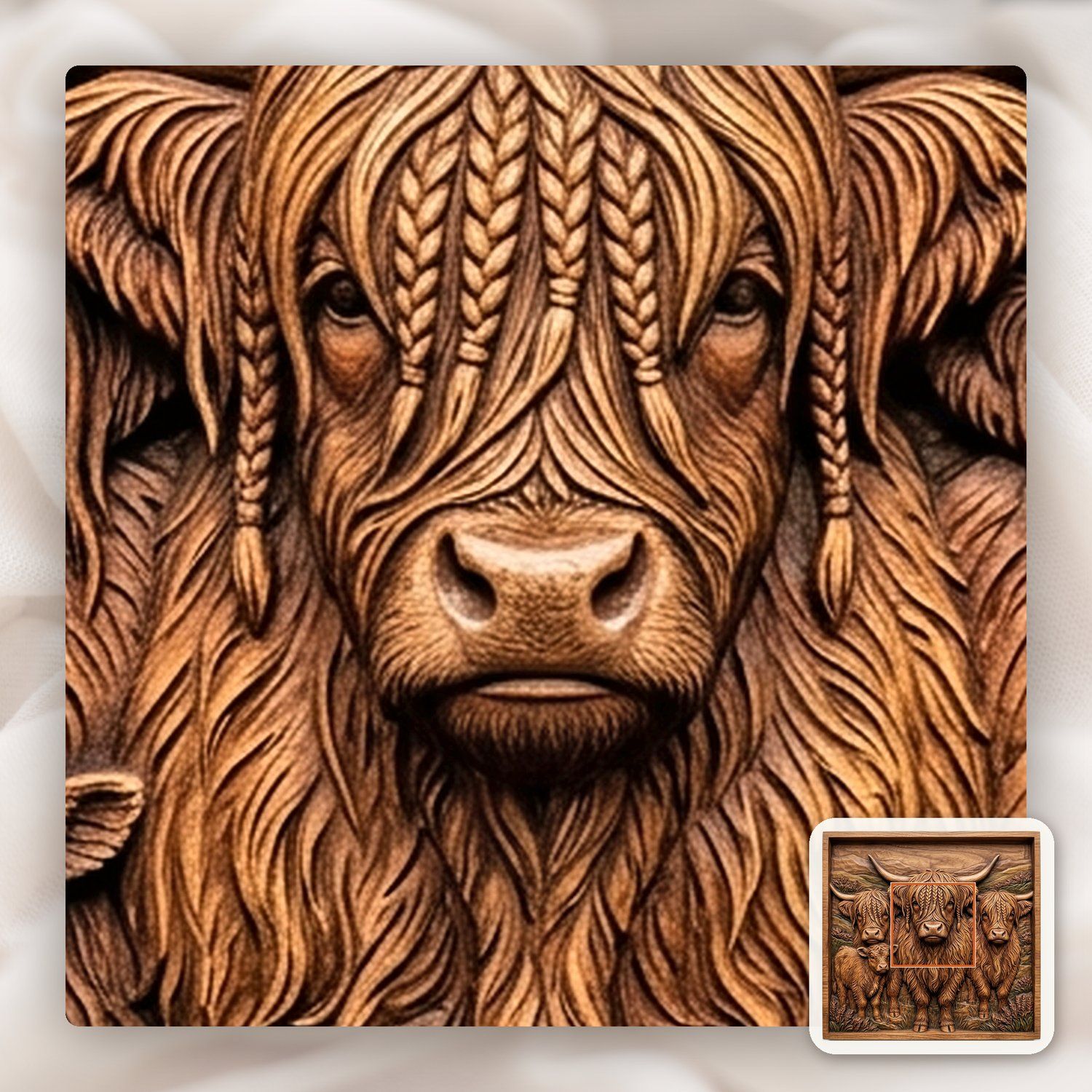 Braided Highland Cow Family CNC Relief STL bas-relief STL — view 10