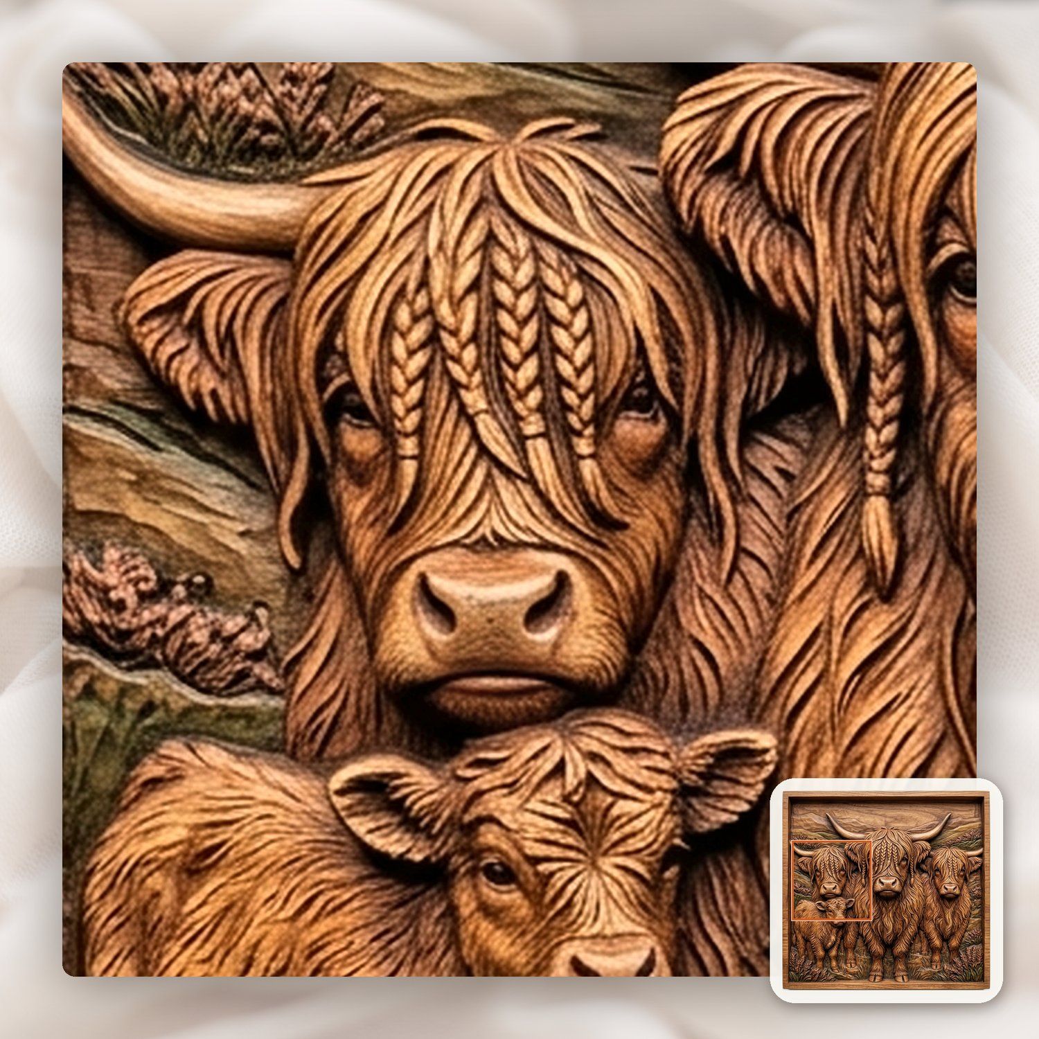 Braided Highland Cow Family CNC Relief STL bas-relief STL — view 11
