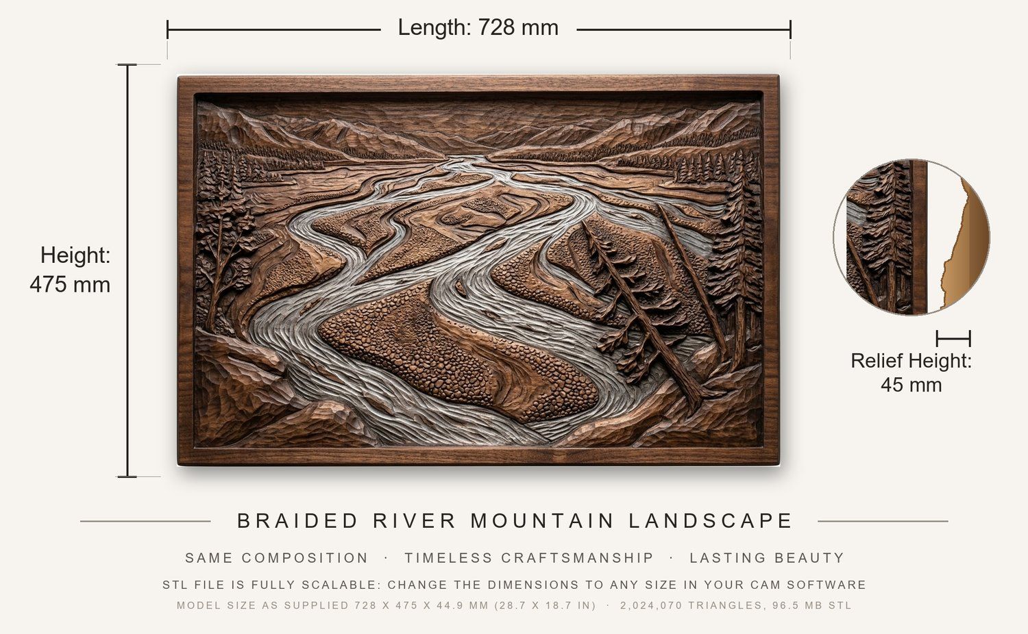 Braided River Mountain Landscape CNC Relief STL bas-relief STL — view 3