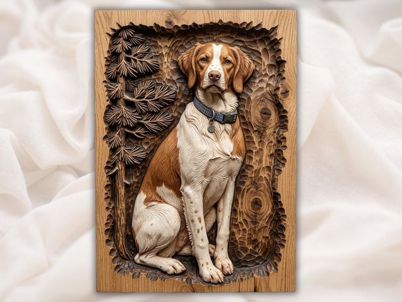 Carved wood bas-relief of a sitting Brittany Spaniel dog with collar in front of pine trees