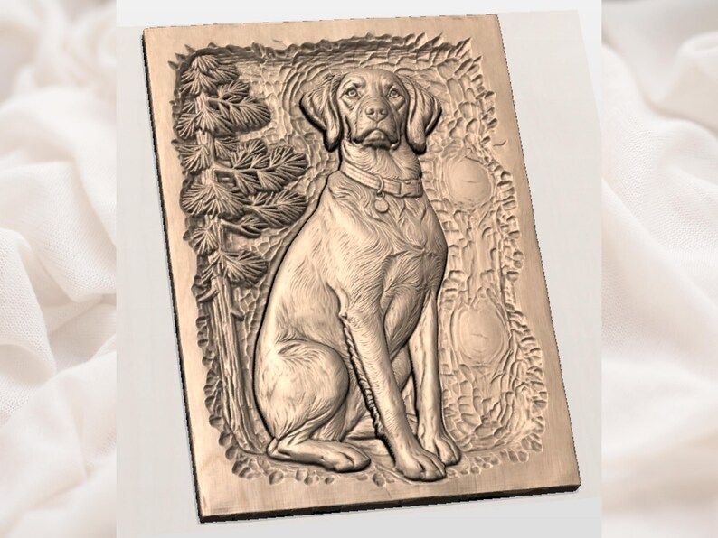Sitting Brittany Spaniel Bas-Relief STL with Pine Background bas-relief STL — view 2
