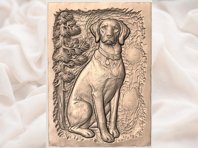 Sitting Brittany Spaniel Bas-Relief STL with Pine Background bas-relief STL — view 3