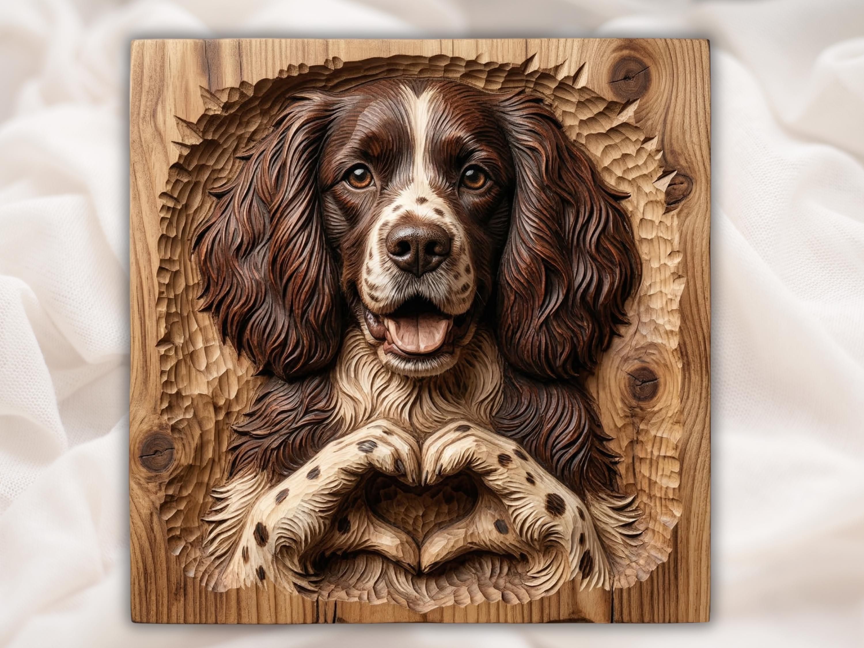 Carved wood bas-relief of a springer spaniel dog with floppy ears and paws forming a heart shape