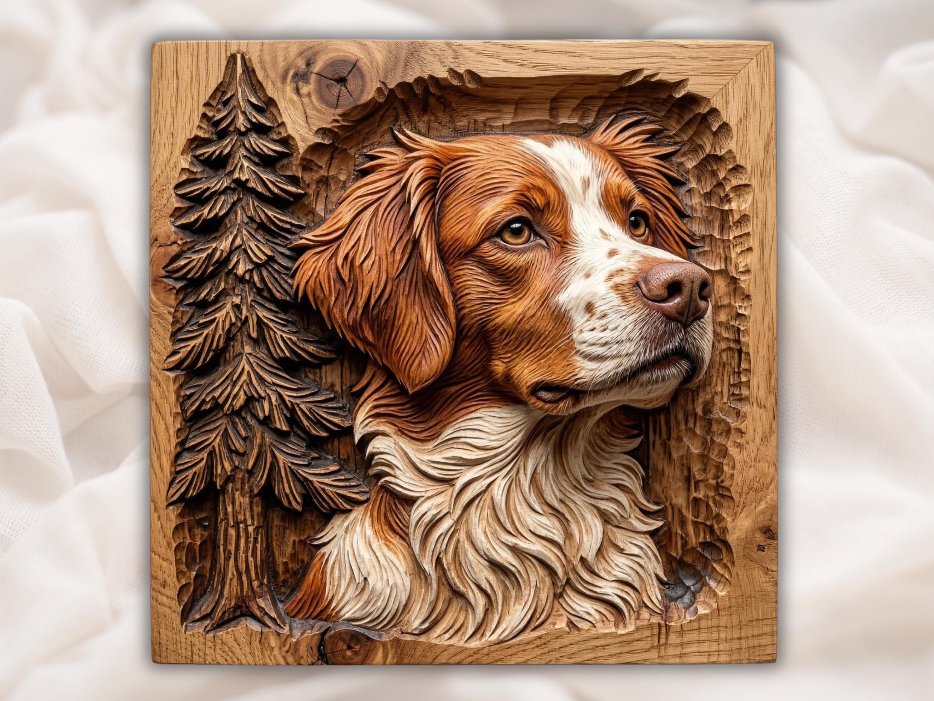 Carved wood bas-relief of a Brittany Spaniel dog portrait with detailed ear, white blaze, and flowing chest fur.