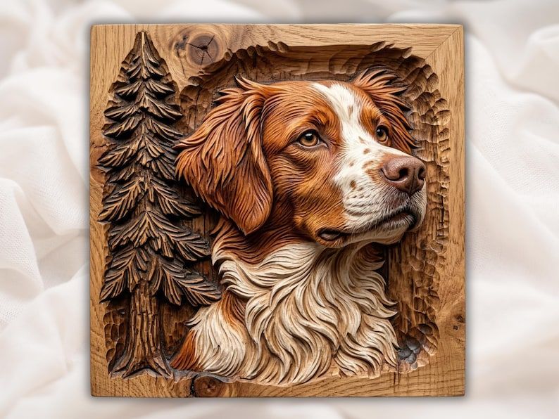 Bas-relief wood carving of a Brittany spaniel dog beside a tall pine tree in an oak frame