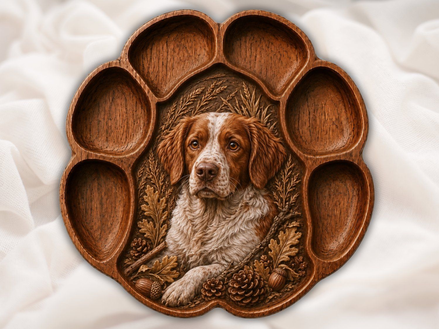 Brittany Spaniel Hunting Dog Paw Print CNC Relief STL | Bird Dog Wood Carving Design | Rustic Cabin Wall Art Panel | Gun Dog Decor — carved bas relief STL file for CNC