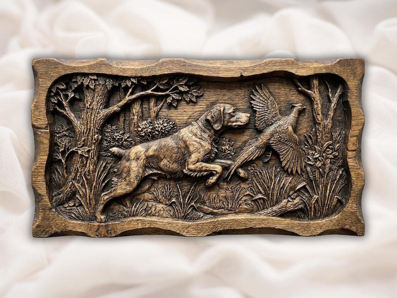 Carved wood bas-relief of a hunting dog leaping after a pheasant flushing from a woodland scene