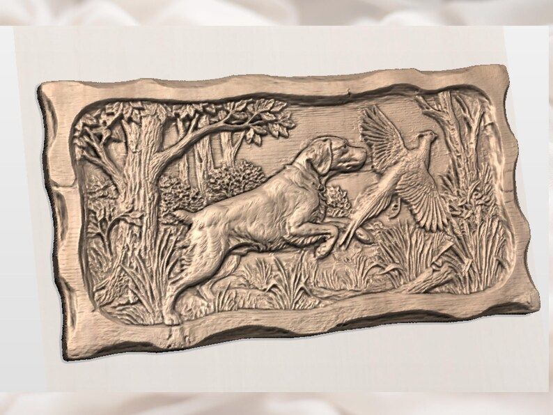 Bird Dog Flushing a Pheasant Bas-Relief STL for CNC Carving bas-relief STL — view 2