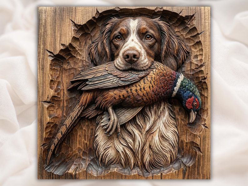 Carved wood bas-relief of a Brittany Spaniel dog holding a colorful pheasant in its mouth