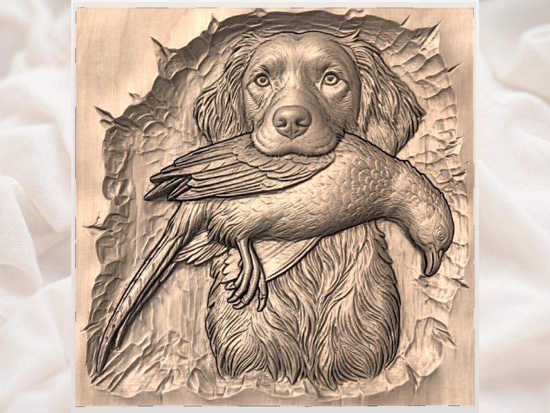 Brittany Spaniel With Pheasant Bas-Relief STL for Carving bas-relief STL — view 3