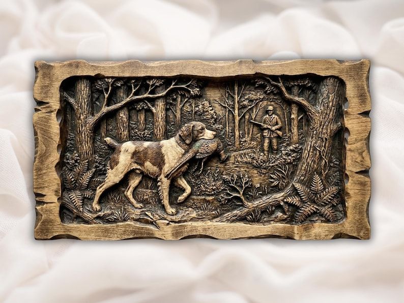 Carved relief of a Brittany spaniel carrying a pheasant through woods with a hunter standing behind