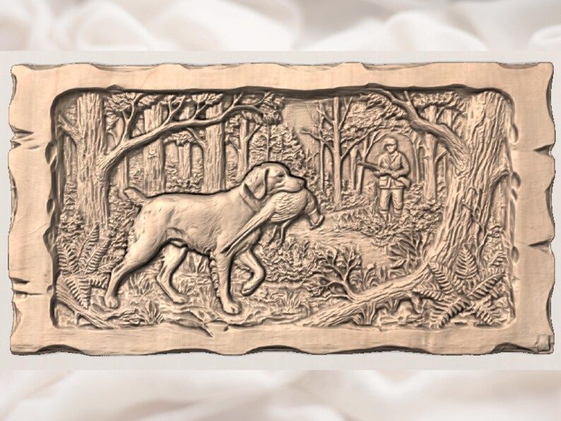 Brittany Spaniel Retrieving a Pheasant in the Woods 3D Relief STL bas-relief STL — view 3
