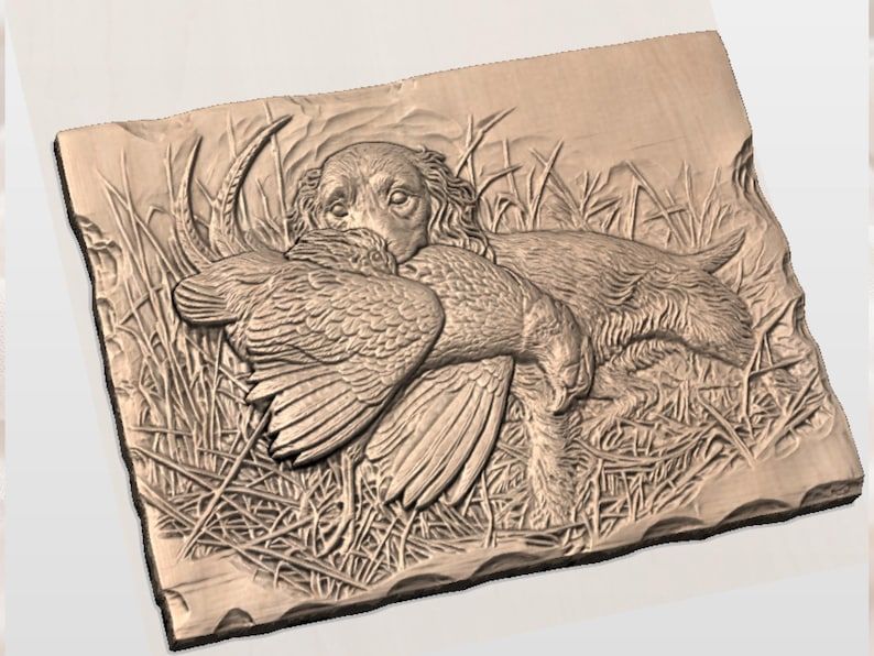 Spaniel Retrieving a Pheasant Bas-Relief STL for CNC Carving bas-relief STL — view 2