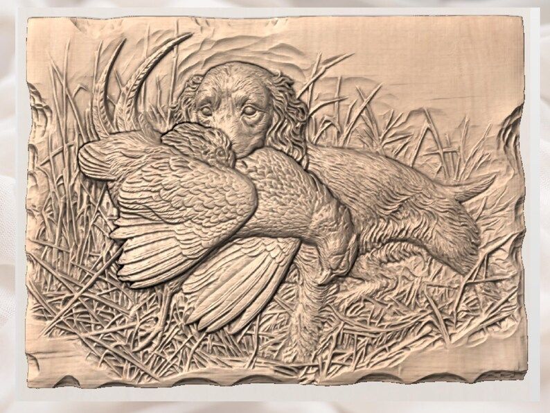 Spaniel Retrieving a Pheasant Bas-Relief STL for CNC Carving bas-relief STL — view 3