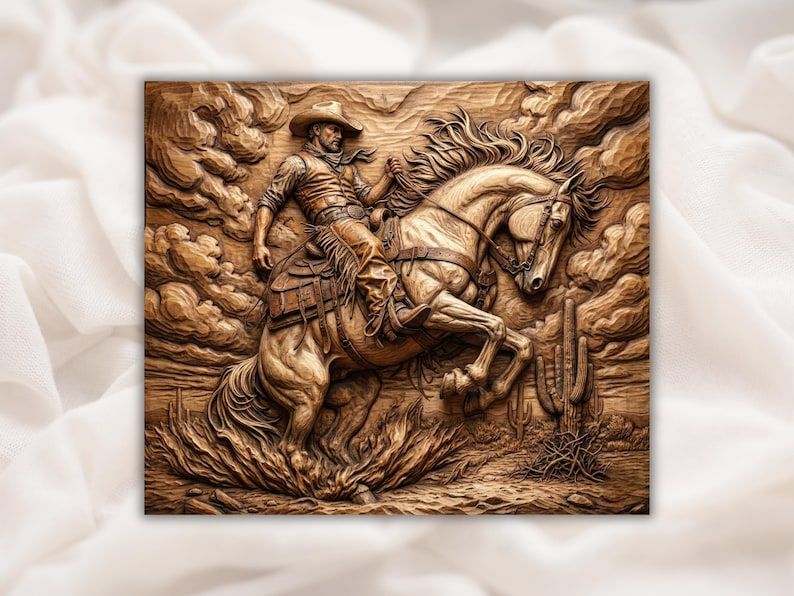 Carved wood relief of a cowboy riding a rearing bucking bronco in the desert with a saguaro cactus and clouds.