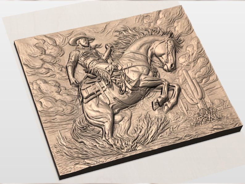 Bucking Bronco and Cowboy Rider 3D Relief STL Carving bas-relief STL — view 2