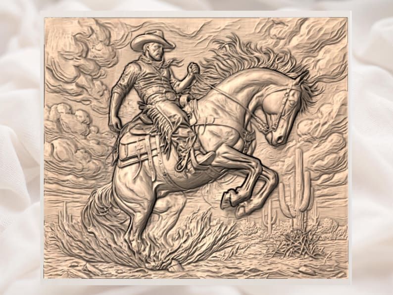 Bucking Bronco and Cowboy Rider 3D Relief STL Carving bas-relief STL — view 3