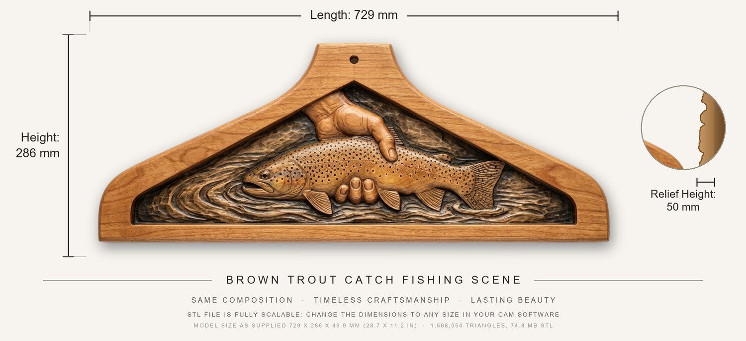 Coat Hanger Brown Trout Catch Fishing Scene CNC Relief STL bas-relief STL — view 3