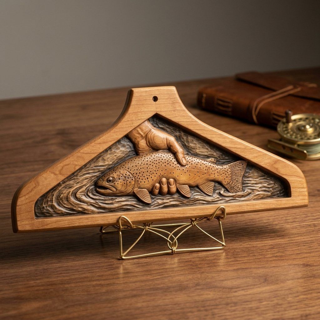 Coat Hanger Brown Trout Catch Fishing Scene CNC Relief STL bas-relief STL — view 16