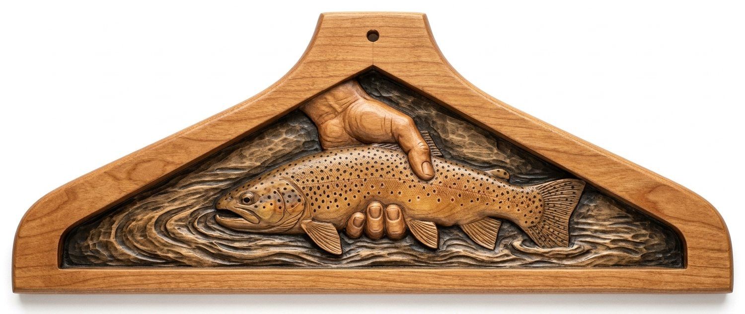 Coat Hanger Brown Trout Catch Fishing Scene CNC Relief STL bas-relief STL — view 6