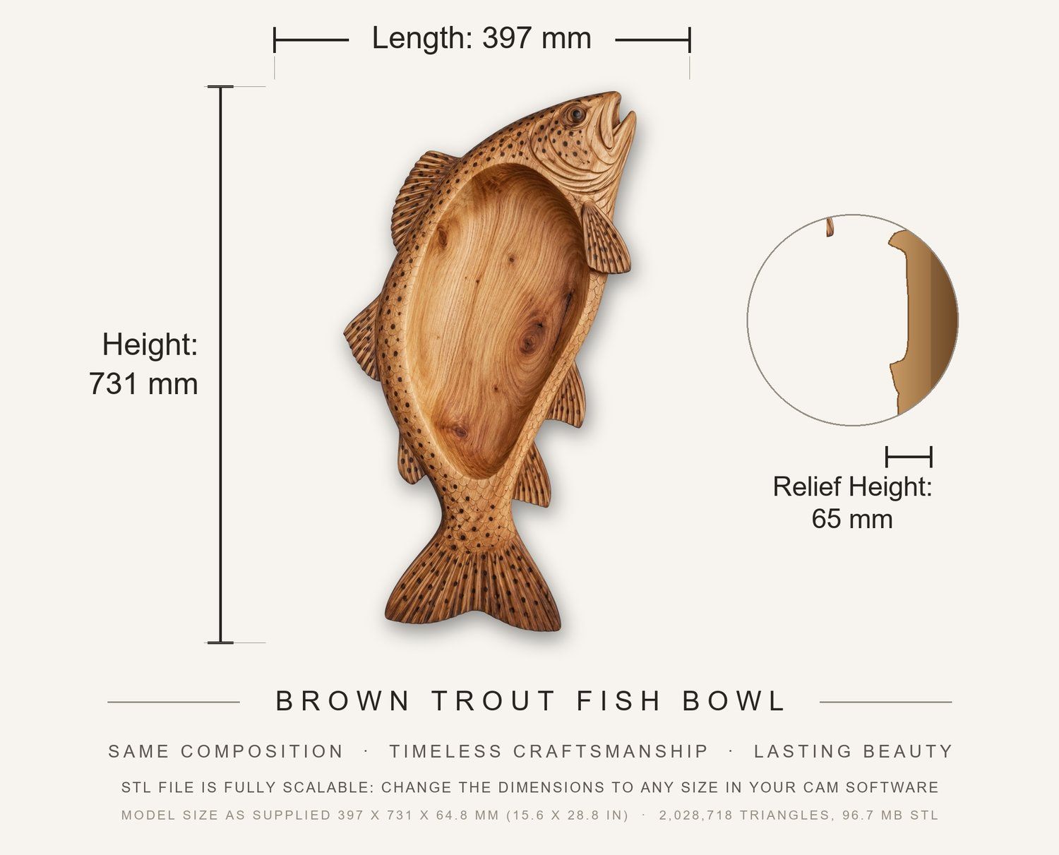 Brown Trout Fish Bowl CNC Relief STL bas-relief STL — view 4