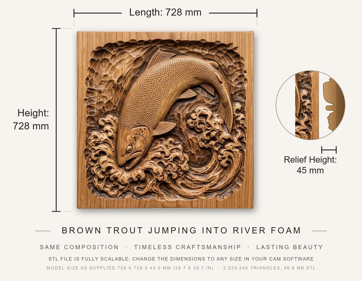 Brown Trout Jumping Into River Foam CNC Relief STL bas-relief STL — view 3