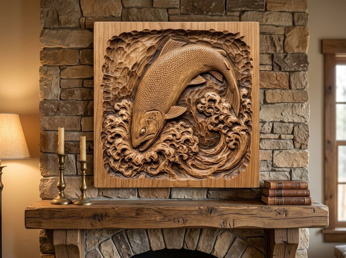 Brown Trout Jumping Into River Foam CNC Relief STL bas-relief STL — view 12