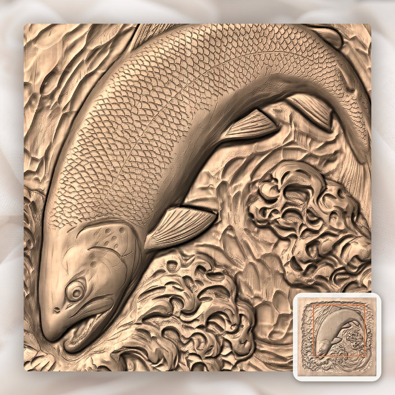 Brown Trout Jumping Into River Foam CNC Relief STL bas-relief STL — view 8