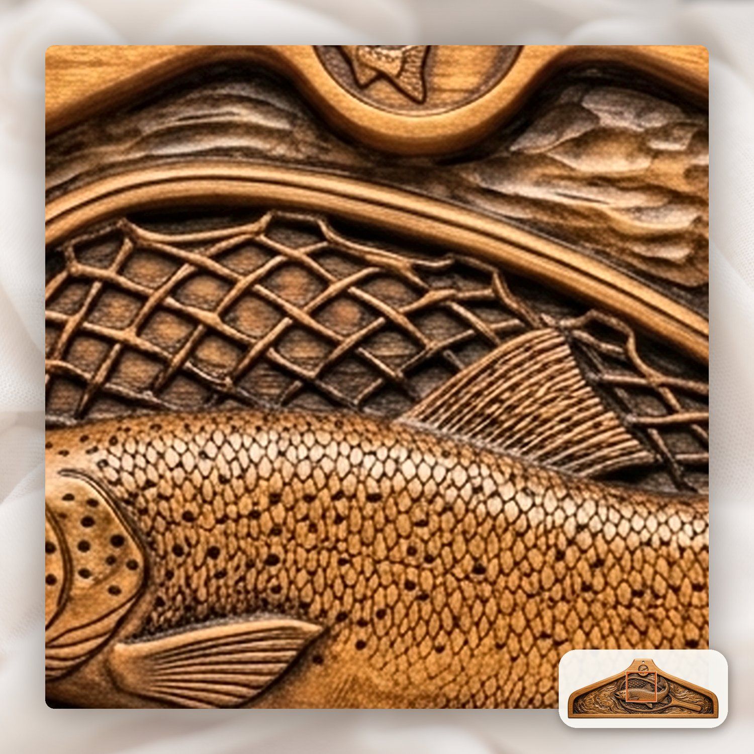 Coat hanger Brown Trout Landing Net Fishing Scene CNC Relief STL bas-relief STL — view 13
