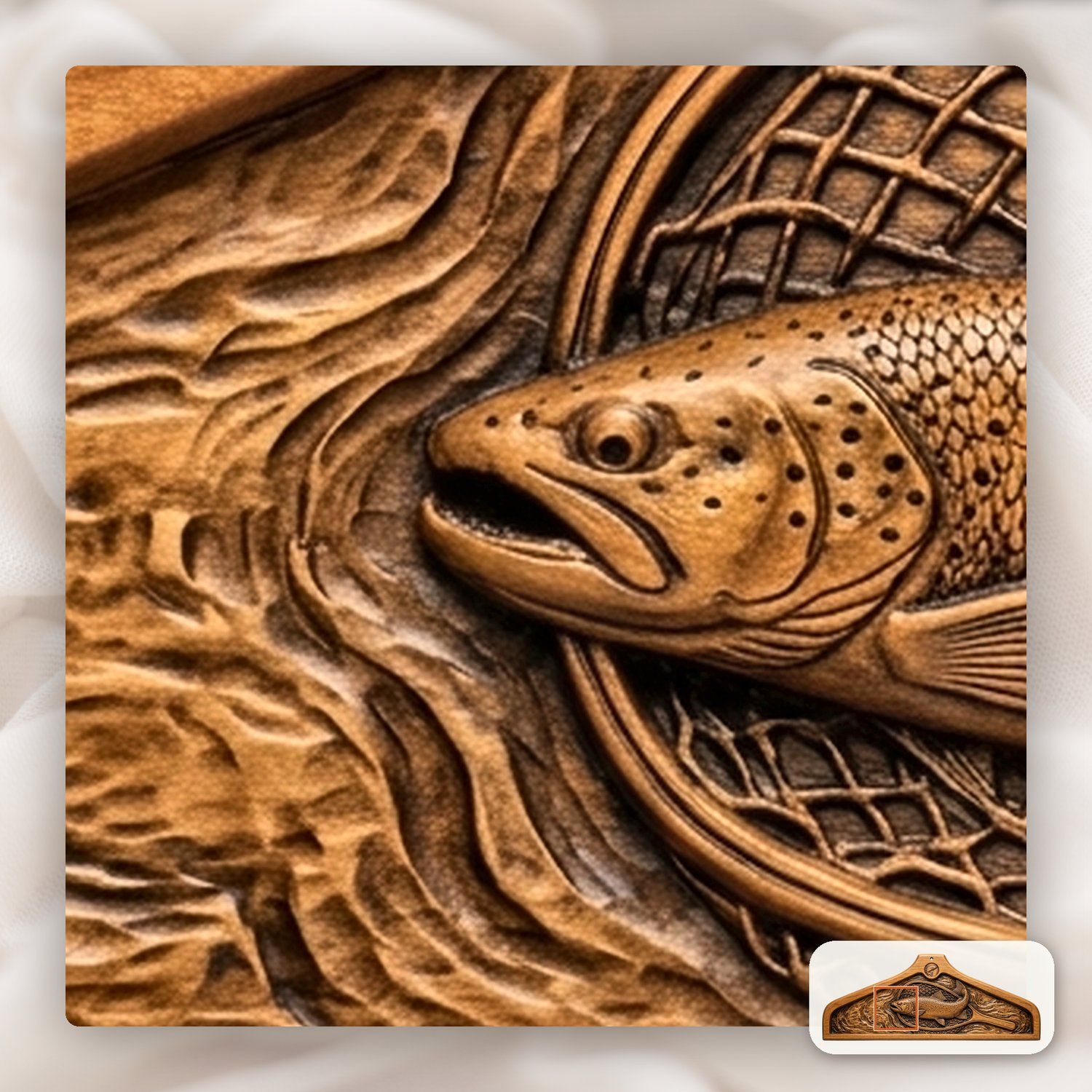 Coat hanger Brown Trout Landing Net Fishing Scene CNC Relief STL bas-relief STL — view 14