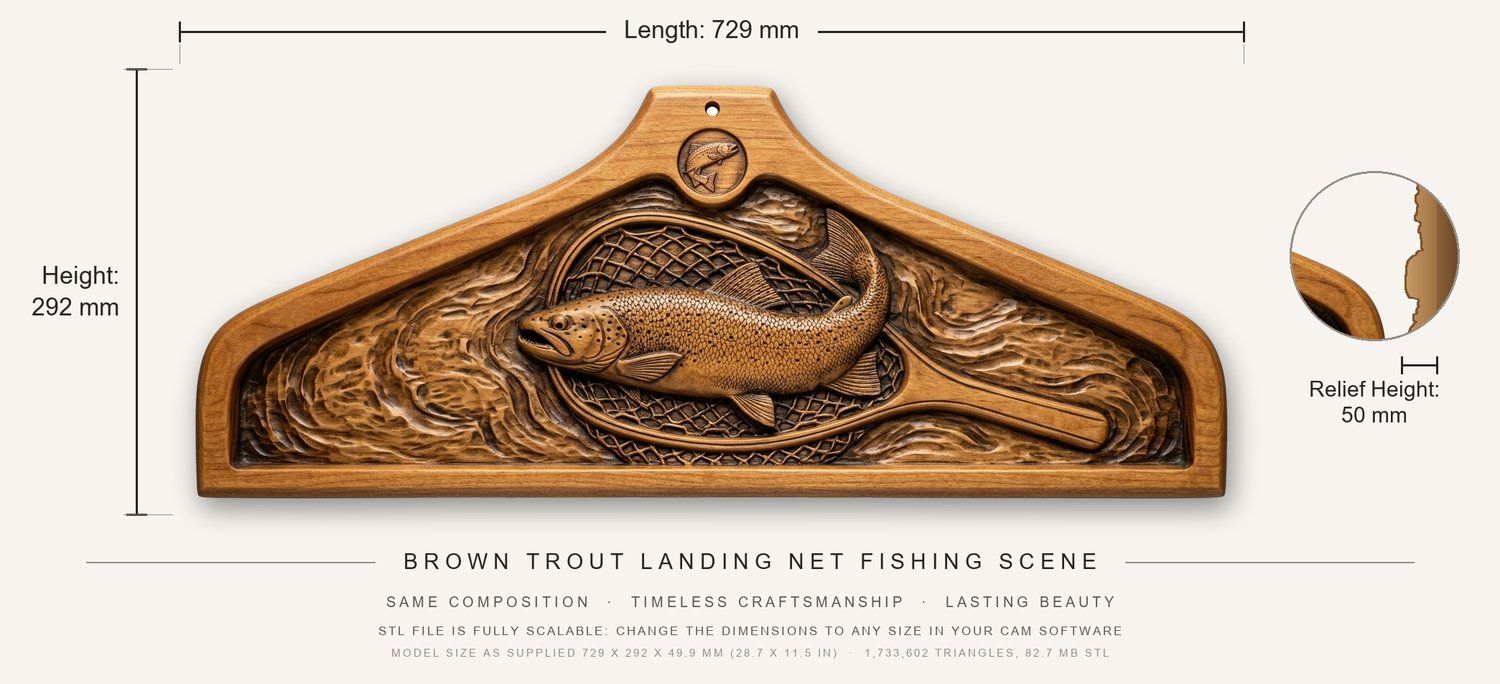 Coat hanger Brown Trout Landing Net Fishing Scene CNC Relief STL bas-relief STL — view 5