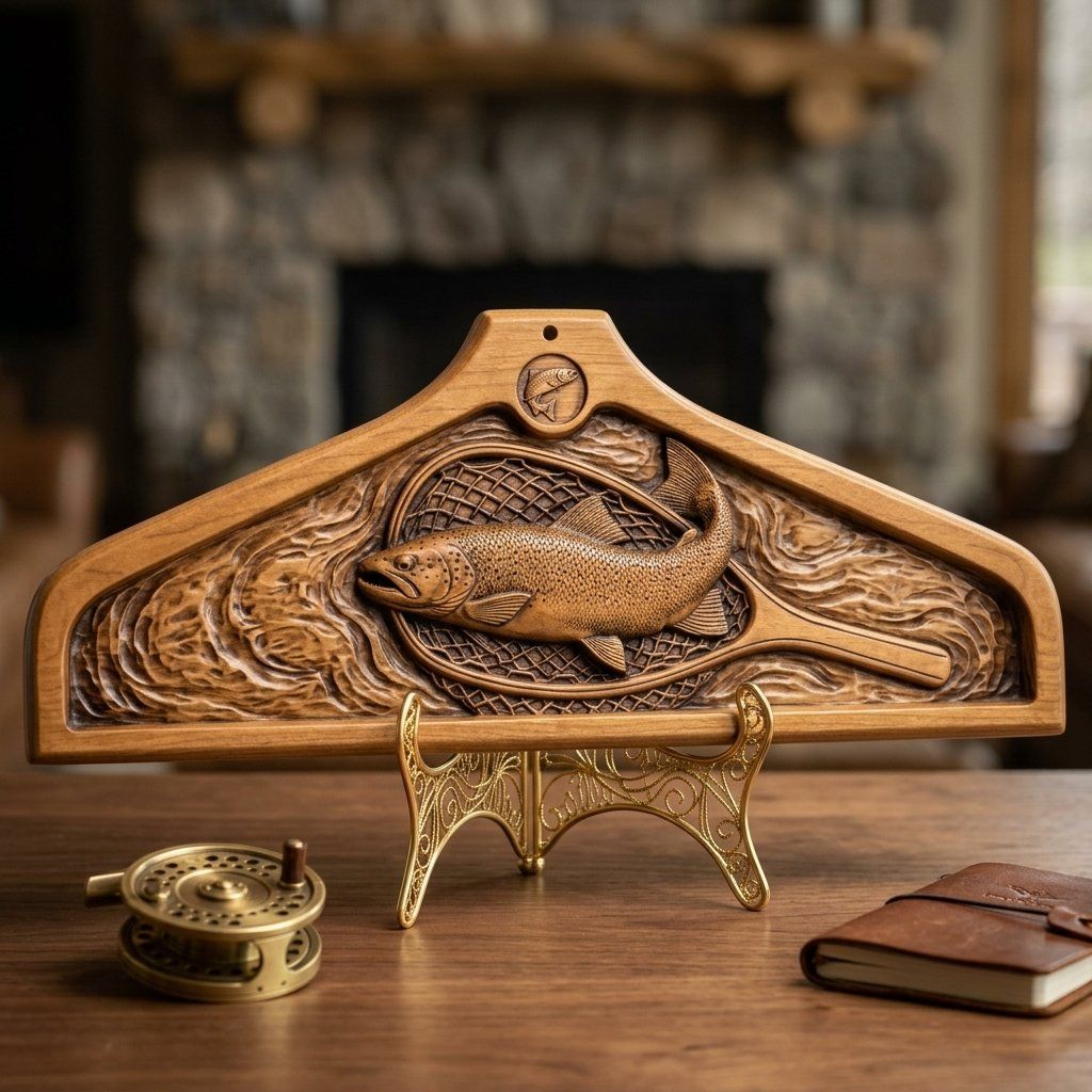 Coat hanger Brown Trout Landing Net Fishing Scene CNC Relief STL bas-relief STL — view 15