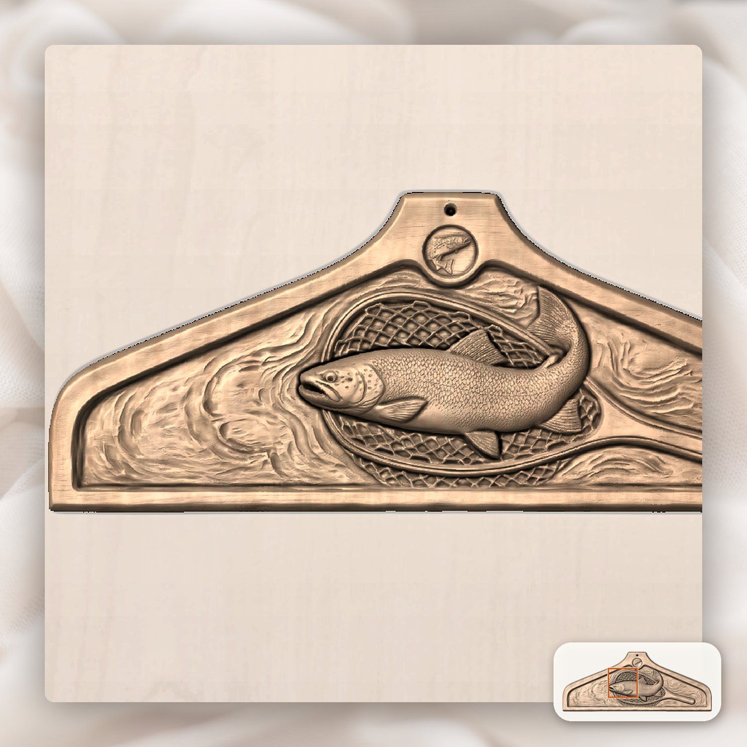Coat hanger Brown Trout Landing Net Fishing Scene CNC Relief STL bas-relief STL — view 8