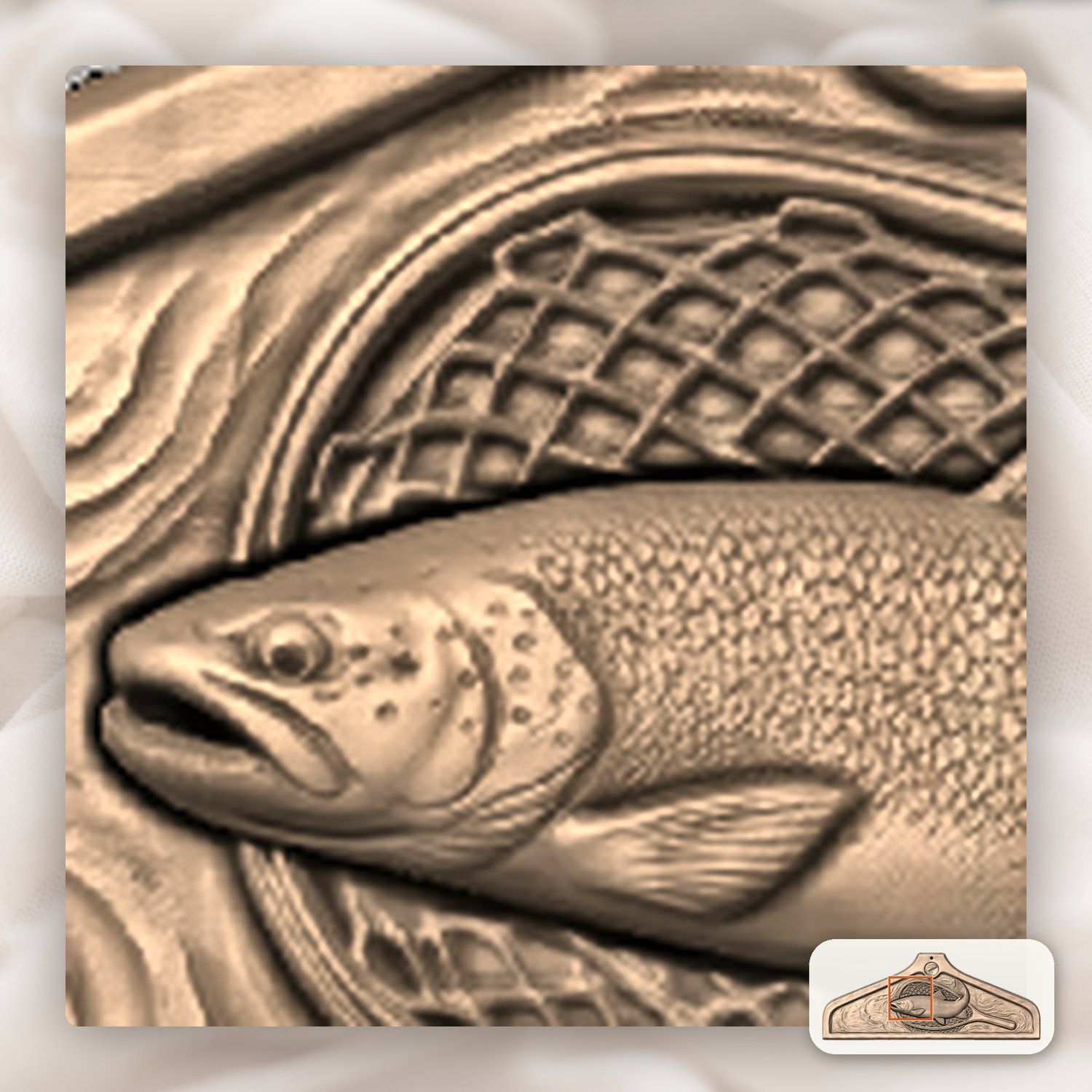 Coat hanger Brown Trout Landing Net Fishing Scene CNC Relief STL bas-relief STL — view 9